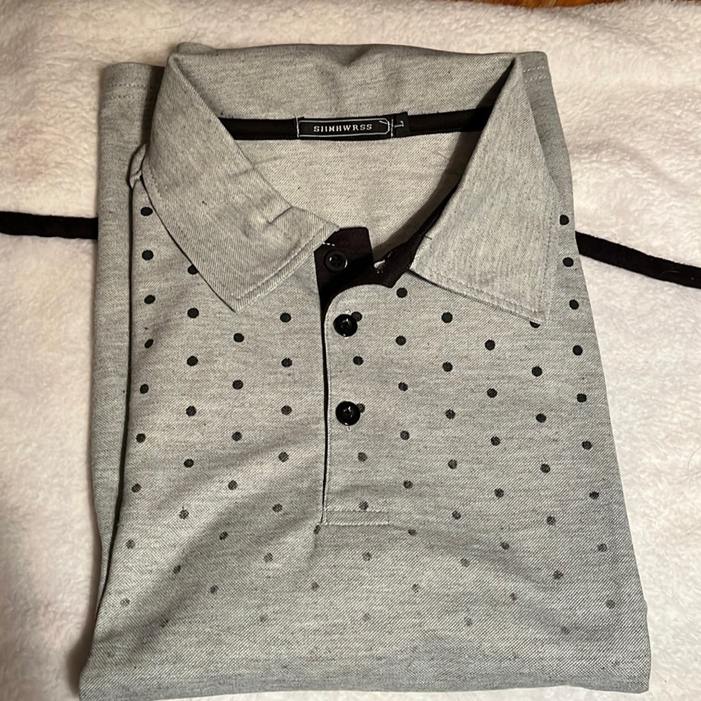 Men’s polo shirt, size large, gray with black polkadots